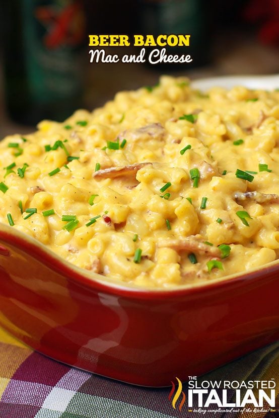 beer bacon mac and cheese in a red casserole dish