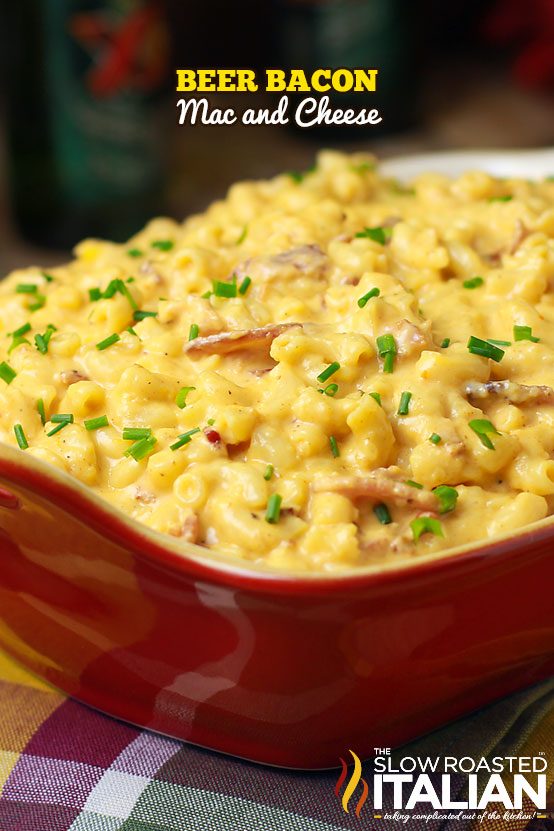 beer bacon mac and cheese in a red casserole dish