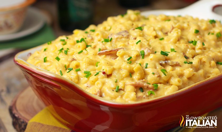 beer bacon mac and cheese poured in a casserole dish