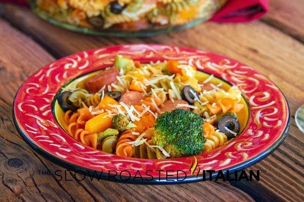 pasta and kielbasa in skillet