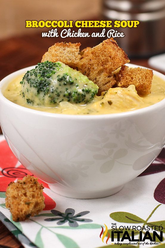 Broccoli Cheese Soup with Chicken and Rice in white bowl