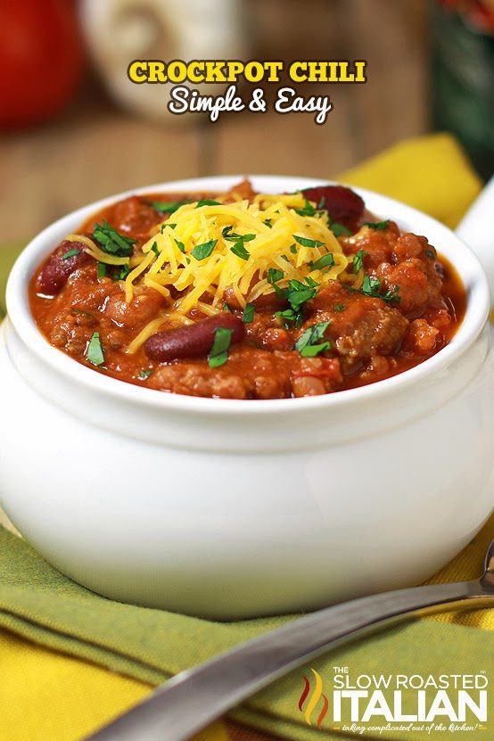 slow cooker chili in white bowl