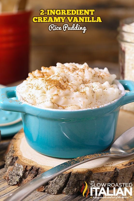 2-Ingredient Creamy Vanilla Rice Pudding in blue bowl