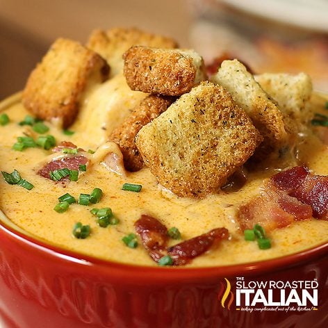 Bowl of Bacon Beer Cheese Soup with Chicken