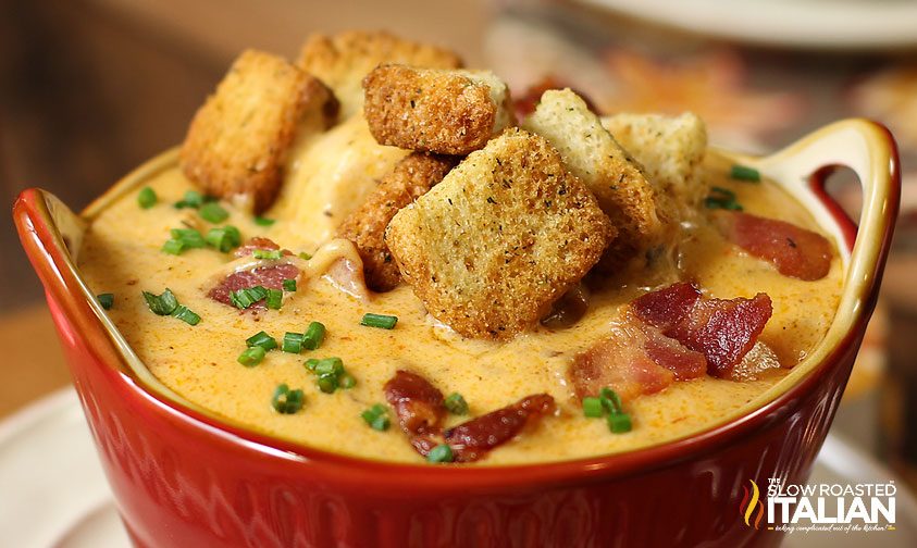 bacon beer cheese soup in red crock