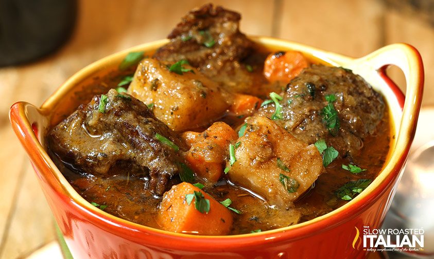 homemade beef soup, close up