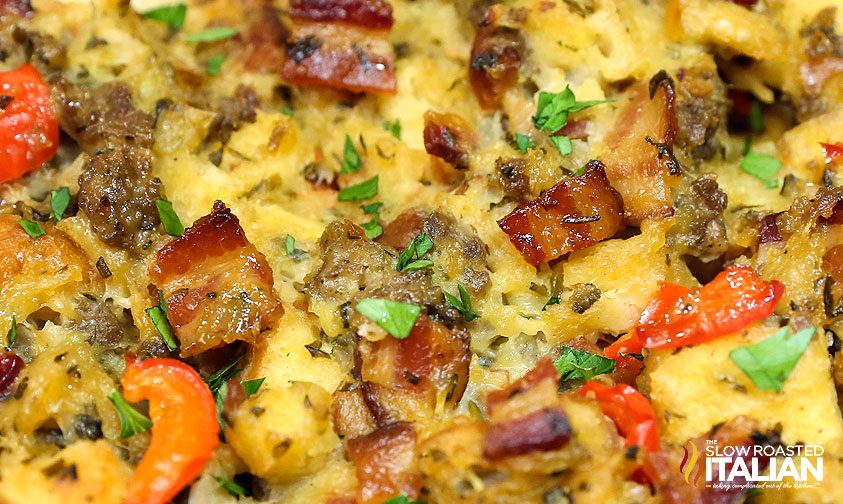 close up of sausage and herb stuffing