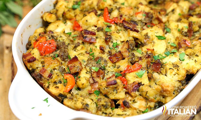 sausage herb stuffing in casserole dish