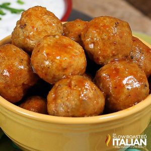 buffalo chicken meatballs in yellow bowl