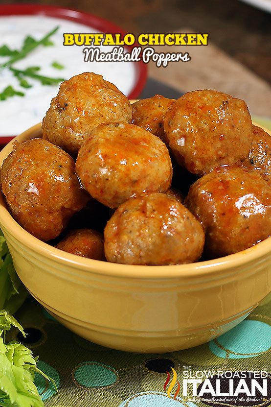 buffalo chicken appetizer meatballs in bowl