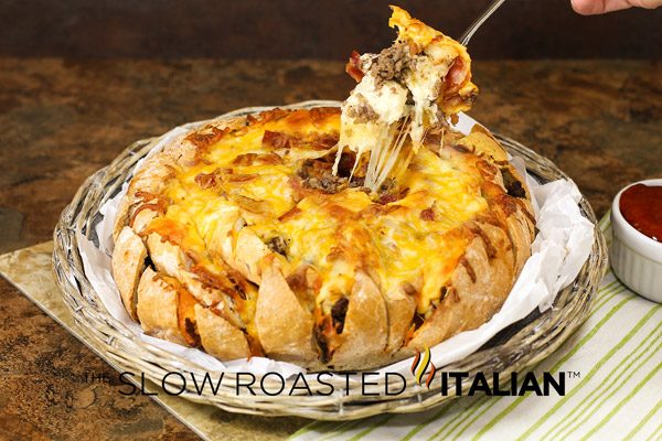 bacon cheeseburger pull apart bread on fork