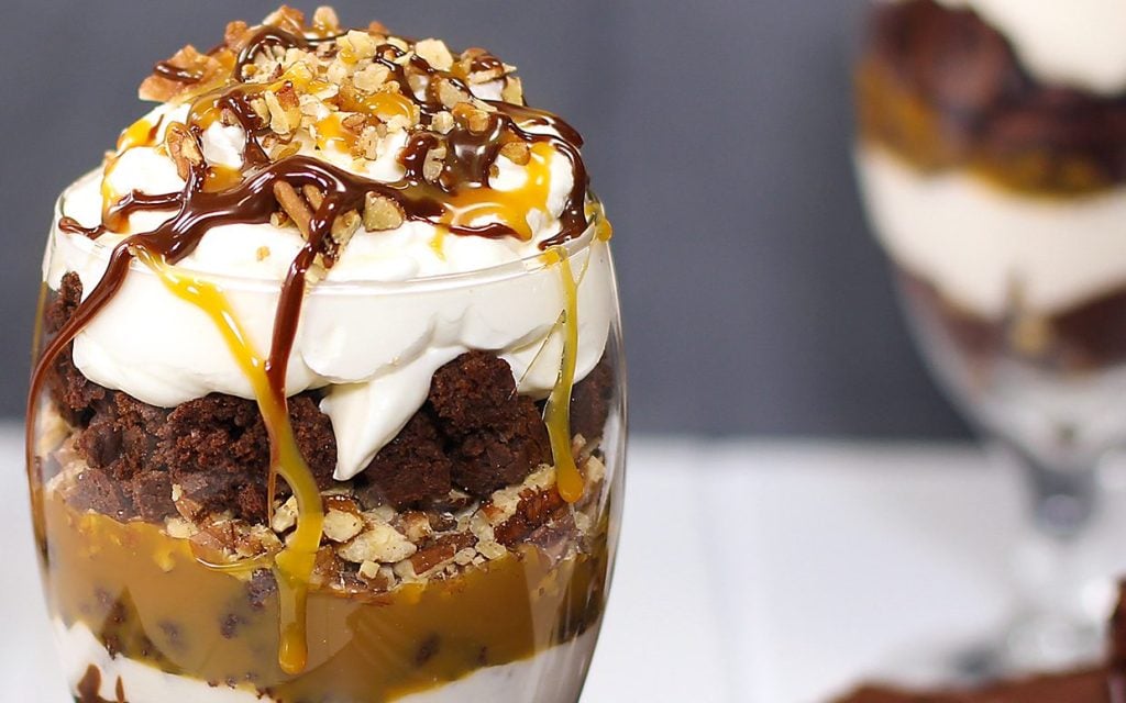double chocolate caramel turtle trifle close up