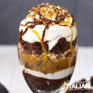 Double Chocolate & Caramel Turtle Trifle in a glass