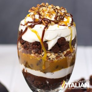 Double Chocolate & Caramel Turtle Trifle in a glass