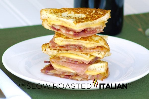 bacon monte cristo finnger sandwiches stacked on plate