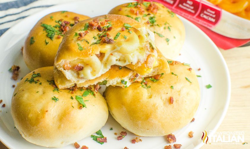 plate of bacon mac and cheese bombs