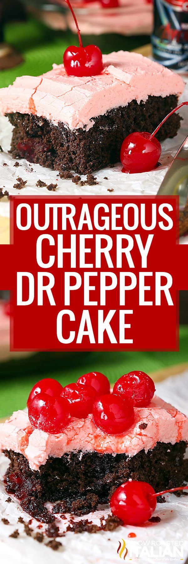 titled collage for cherry dr pepper cake