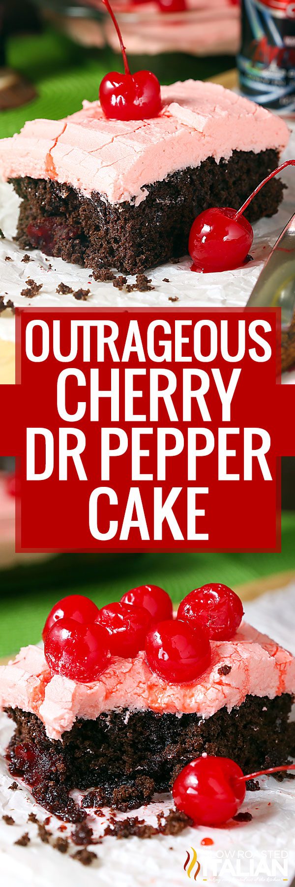 titled collage for cherry dr pepper cake