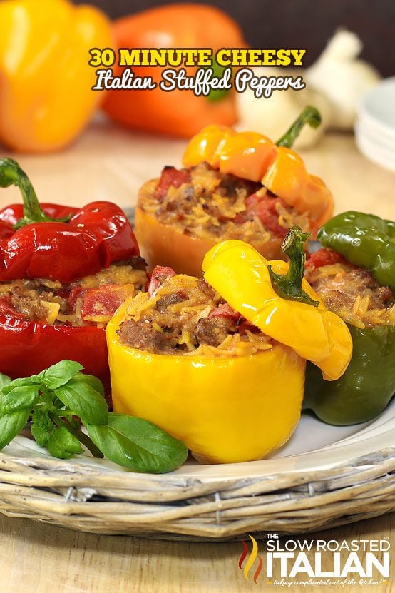 cheesy italian stuffed peppers on serving dish