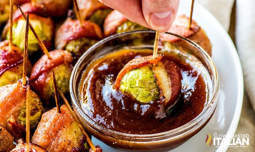 bacon wrapped brussels sprouts on serving tray