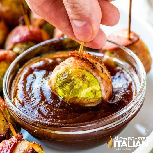 bacon wrapped brussels sprouts in dipping sauce