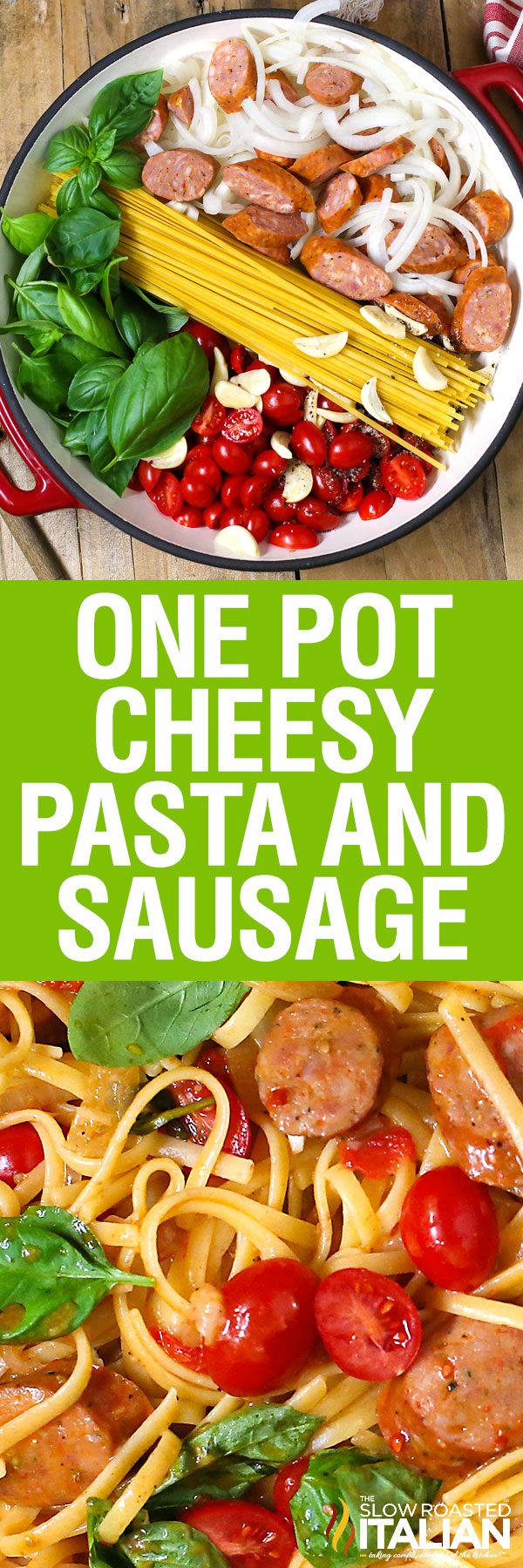 titled pinterest image for cheesy sausage pasta