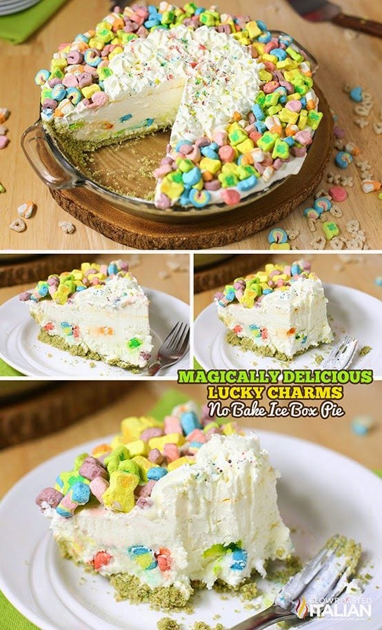 Lucky Charms No-Bake Ice Box Pie, with a slice cut out. Slice on a plate.