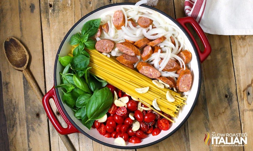 pasta sausage and vegetables in large pot