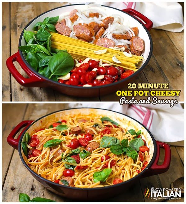 collage of steps for cheesy pasta skillet recipe