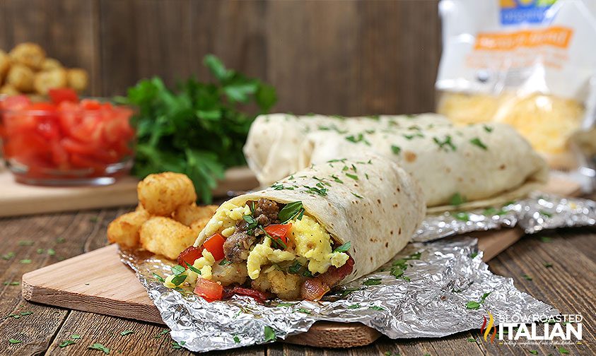 freezer breakfast burritos on serving board