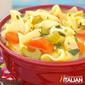 grandma's chicken soup in red bowl