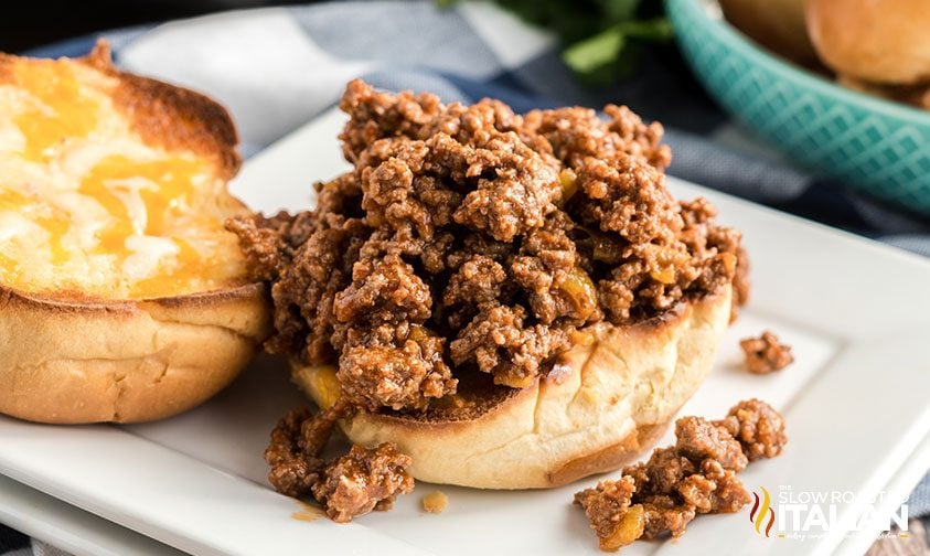 spicy loose meat sandwich, open faced