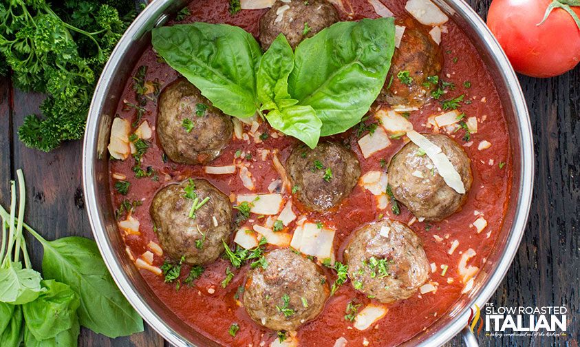 pan of meatballs and marinara