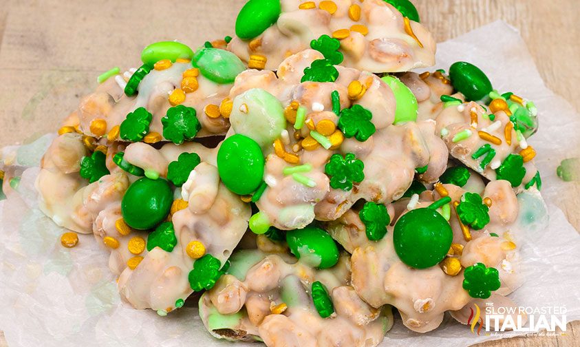 st patricks day crockpot candy piled on parchment