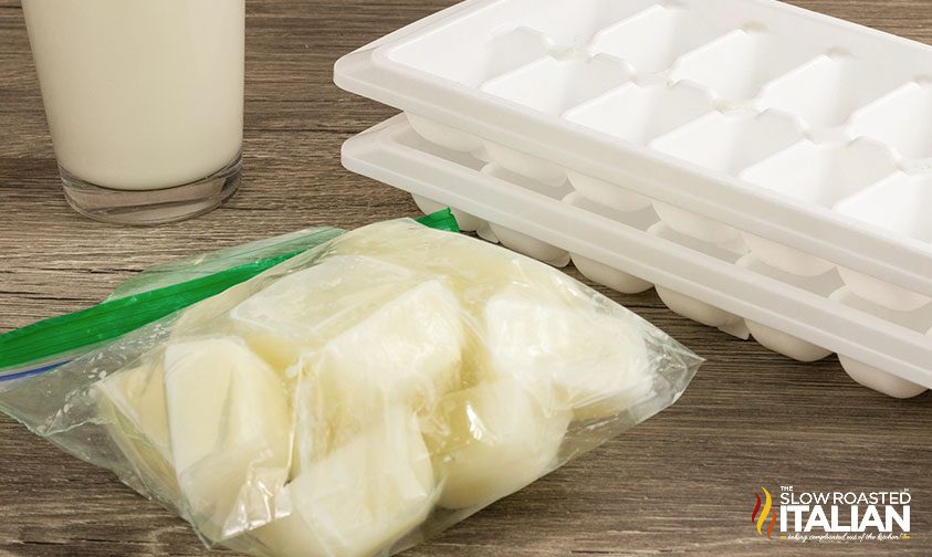 frozen cubes of milk in ziploc