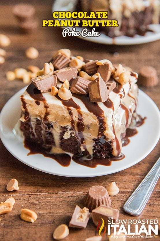 piece of chocolate peanut butter poke cake on plate