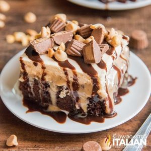 plated slice of chocolate peanut butter poke cake