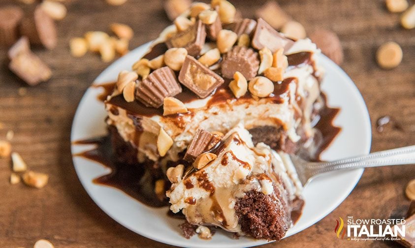 bite of chocolate peanut butter poke cake