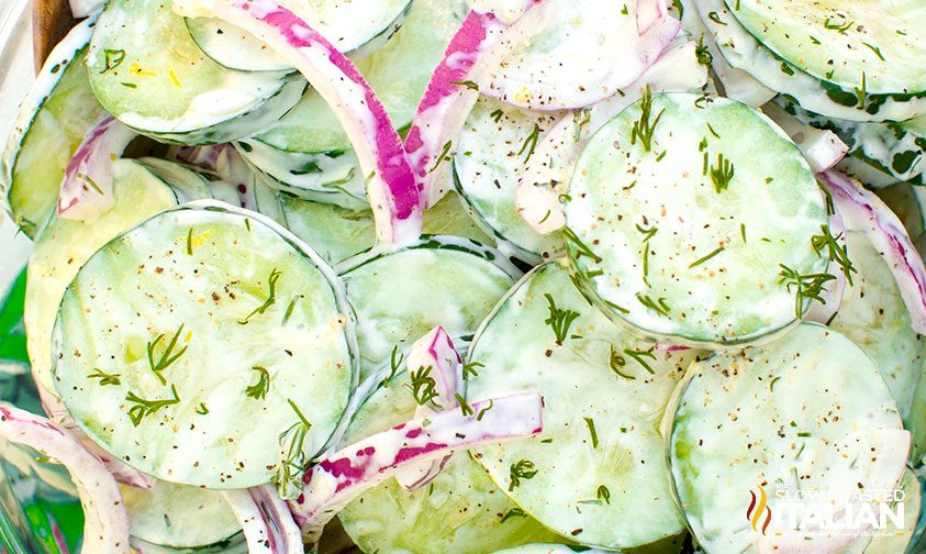 creamy cucumber salad for Easter dinner, close up