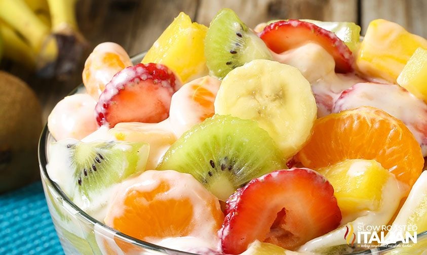 hawaiian cheesecake salad in glass bowl