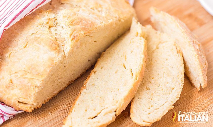 homemade no yeast bread loaf, sliced