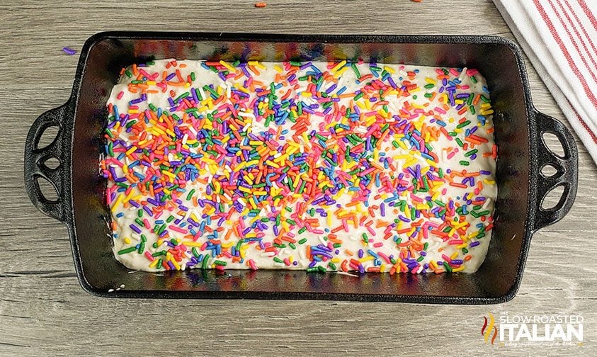 ice cream bread mix in bread pan with sprinkles