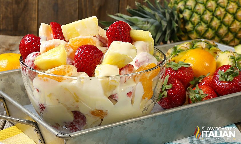 pina colada cheesecake salad in a bowl on serving tray