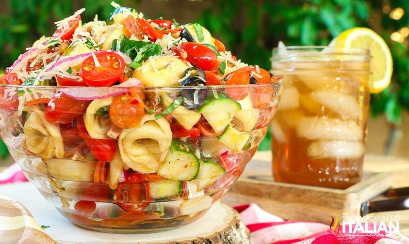 pepperoni and other pizza toppings with tortellini in Easter salad