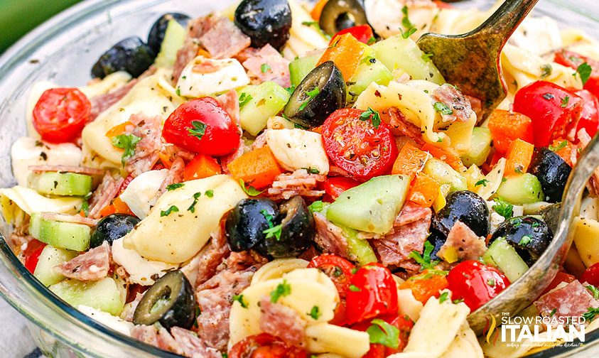 Italian pasta salad in glass bowl