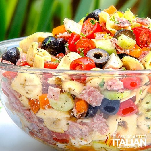 Tuscan pasta salad in glass bowl