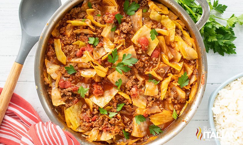 unstuffed cabbage rolls in skillet