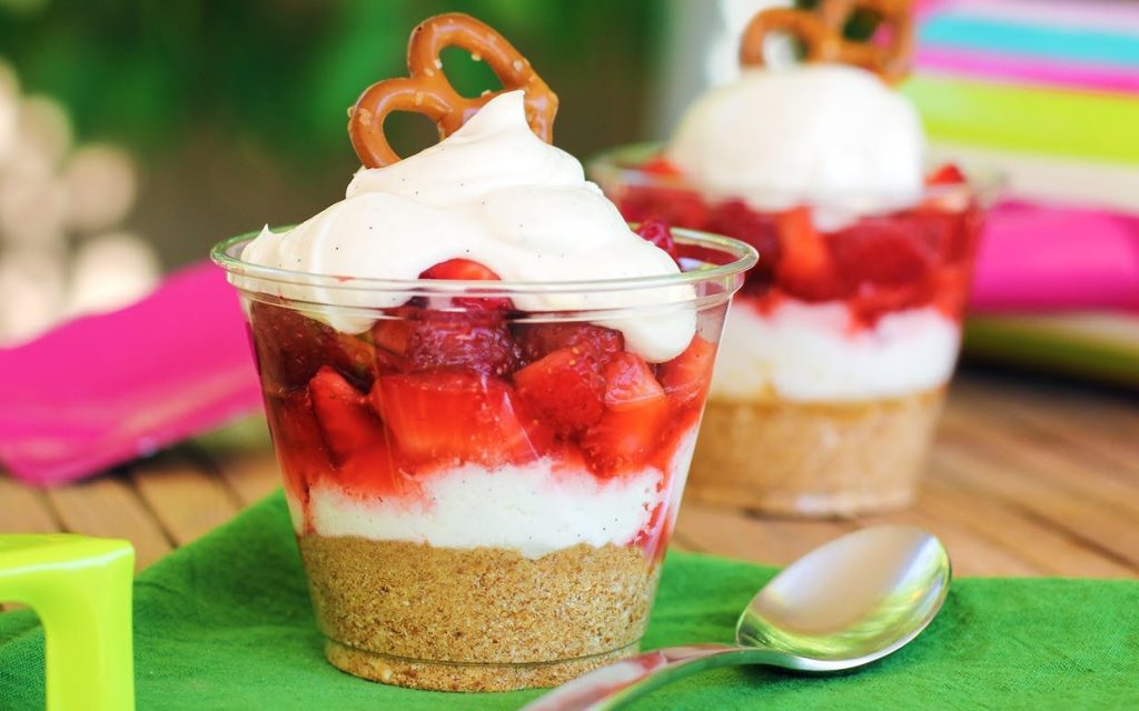 sweet summer treats with strawberries, pretzels and whipped cream