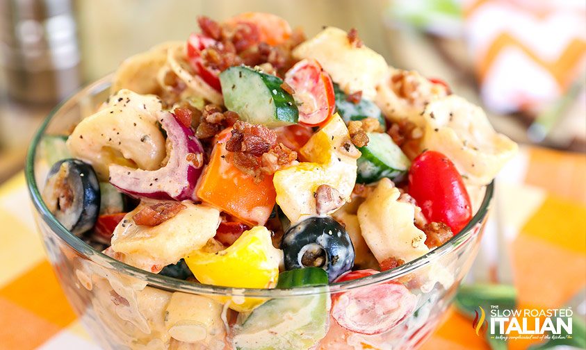 bacon ranch tortellini salad in glass bowl