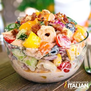 Clear Bowl of Bacon Ranch Tortellini Pasta Salad